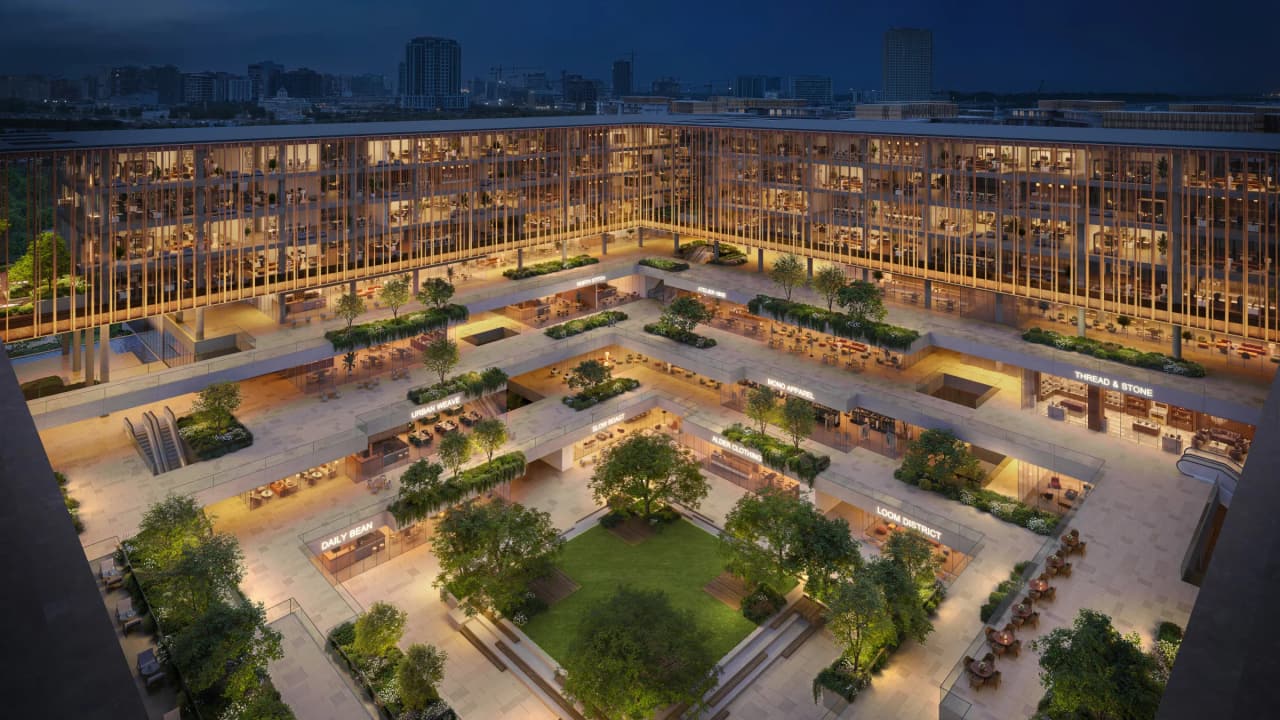 The Yards Plaza courtyard lit at night