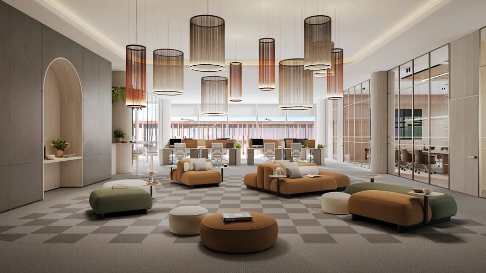 Open-plan communal workspace inside The Yards Plaza